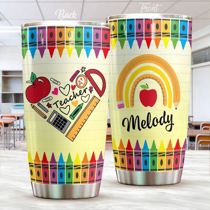 Personalized Tumbler Gifts For Teacher Heart Rainbow Colorful Crayons 20oz Travel Cup Custom Name For Back To School