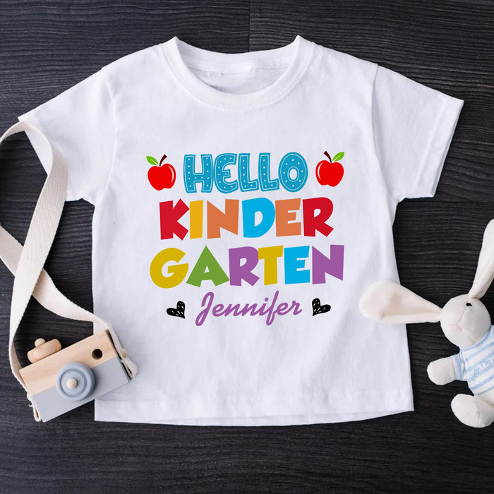 Personalized T-Shirt For Kids Hello Kindergarten Colorful Design Apple Print Custom Name Back To School Outfit