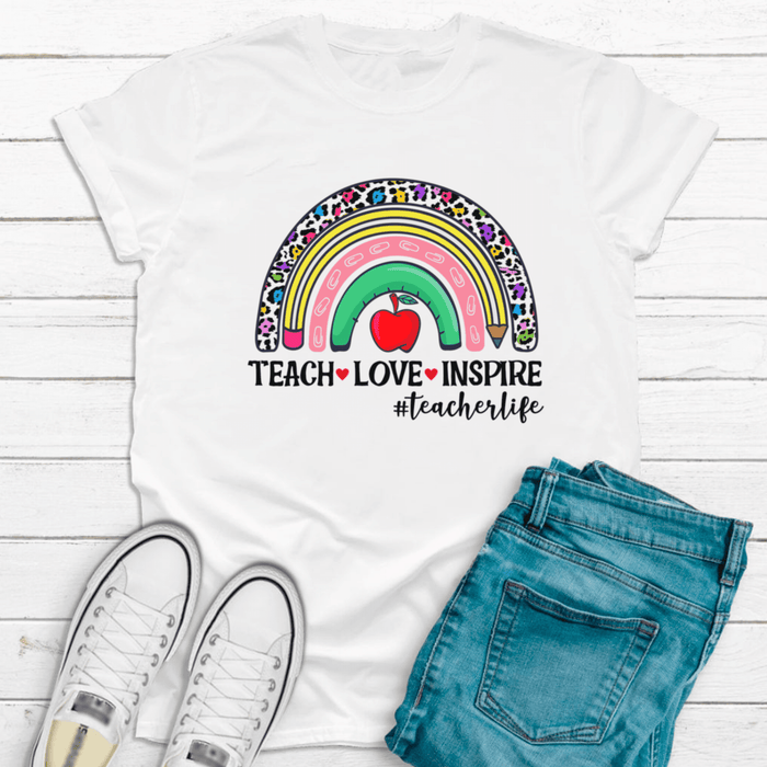 Personalized T-Shirt For Teacher Leopard Rainbow Teacher Love Inspire Custom Hashtag Shirt Gifts For Back To School
