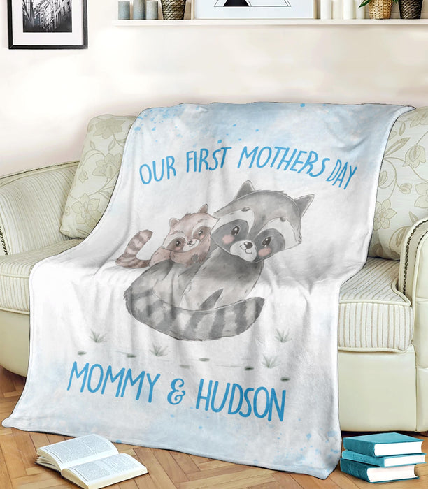 Personalized Premium Blue Blanket For New Mom Our First Mother'S Day Mommy & Son Cute Raccoon Printed Custom Name