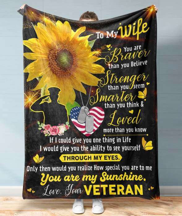 Personalized To My Wife You Are My Sunshine Sunflower American Flag Fleece Blanket From Veteran Husband Custom Name