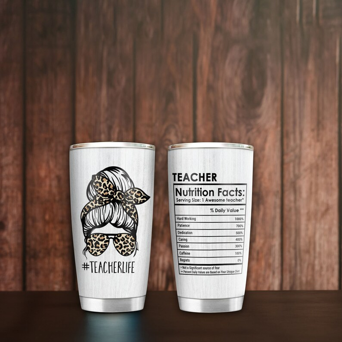 Personalized Tumbler For Teacher Leopard Messy Bun Teacher Nutrition Facts Custom Name Travel Cup Back To School Gifts