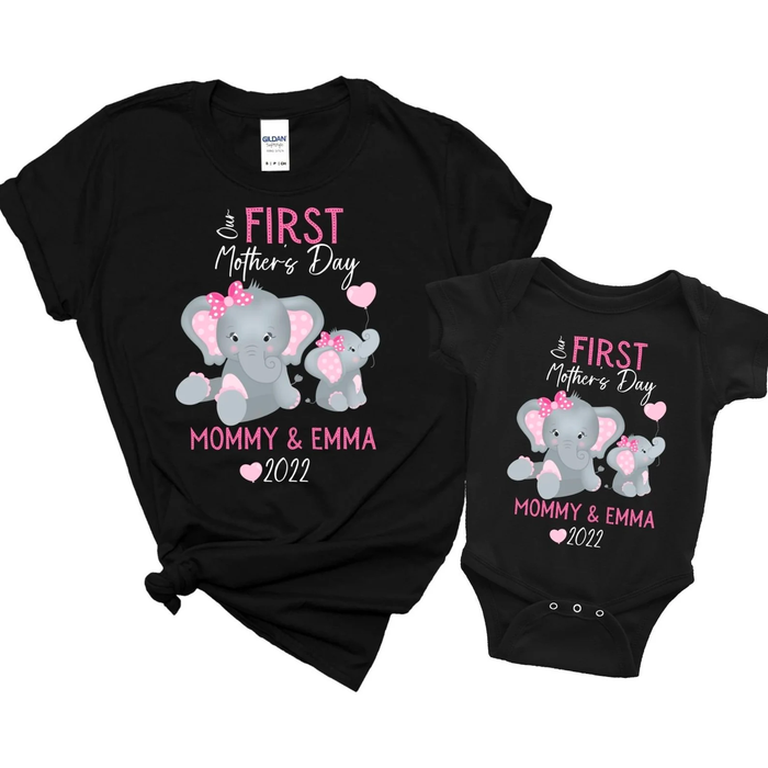Personalized Matching T-Shirt & Baby Onesie Our First Mother'S Day Cute Elephant Printed Custom Name