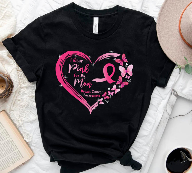 Personalized Breast Cancer Awareness T-Shirt For Girl Women Butterflies Pink Heart Ribbon Shirt For Cancer Support