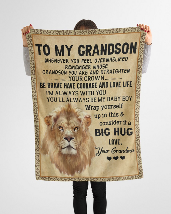 Personalized Vintage Blanket To My Grandson Lion Face Printed Fleece Blankets Custom Name