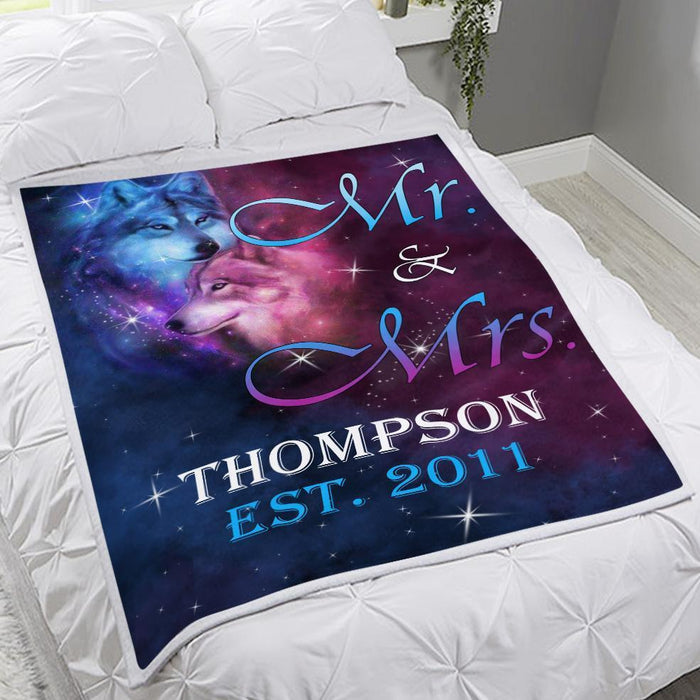 Personalized Fleece Blanket To Husband And Wife Mr And Mrs Blue Purple Wolf Couple Sherpa Blanket Custom Name And Year