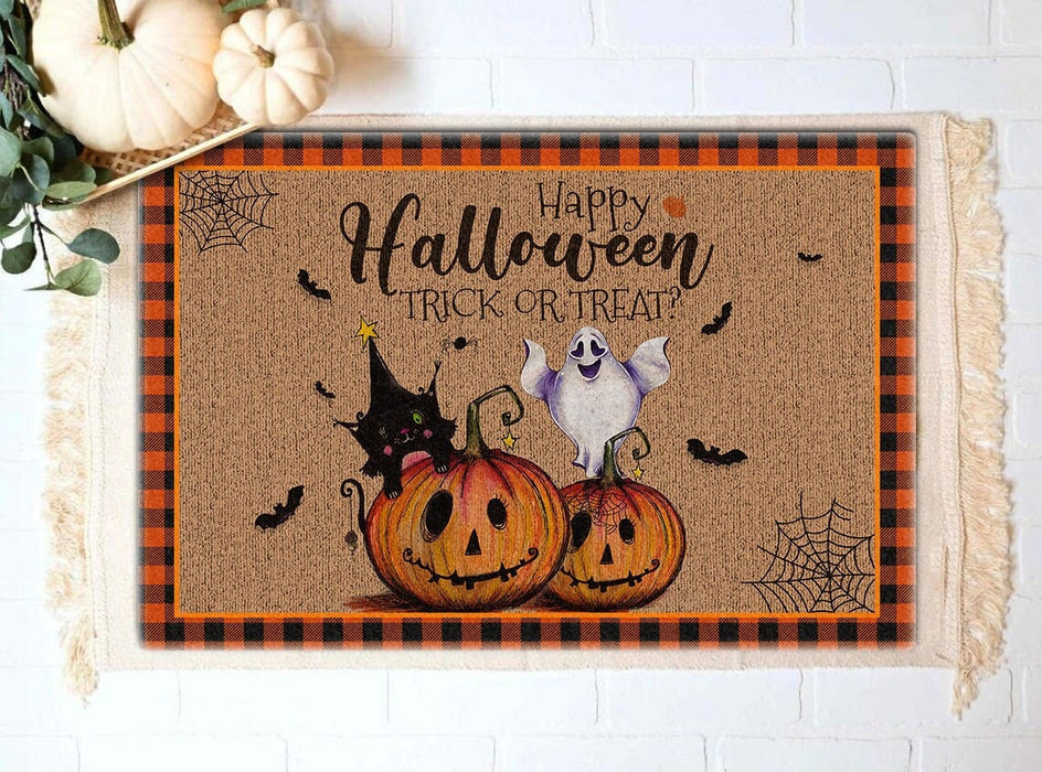 Welcome Doormat Happy Halloween Trick Or Treat Funny Pumpkin With Ghost & Black Cat Printed Plaid Design Funny Doormat