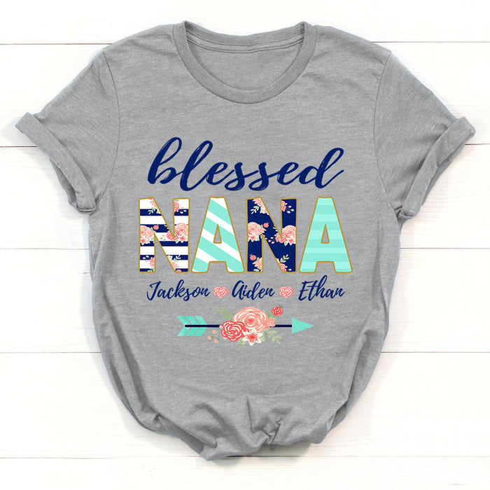 Personalized T-Shirt For Grandma Blessed Nana Stripes Design With Flower & Arrow Printed Custom Grandkids Name