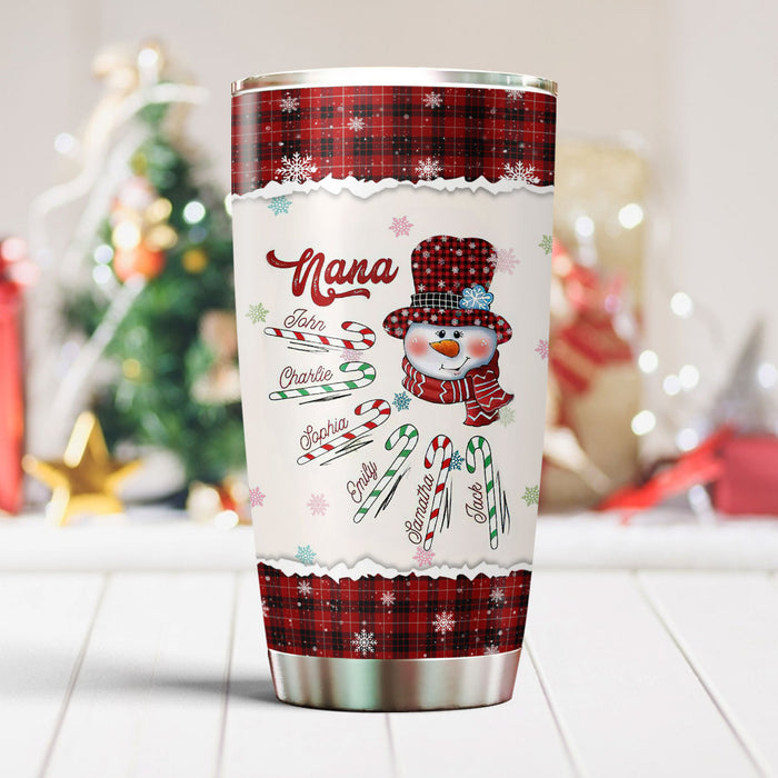 Personalized Tumbler Gifts For Grandma Nana Snowman Candy Cane Snowflakes Custom Grandkids Name Travel Cup For Christmas