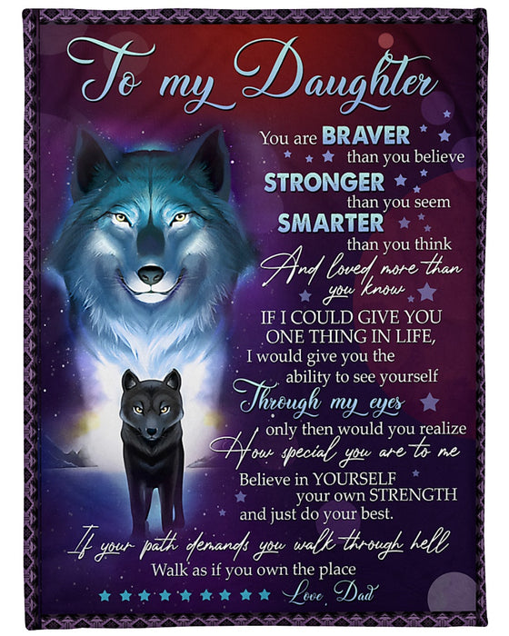 Personalized Blanket To My Daughter From Dad Believe In Old & Baby Wolf Under Star Night Background Custom Name