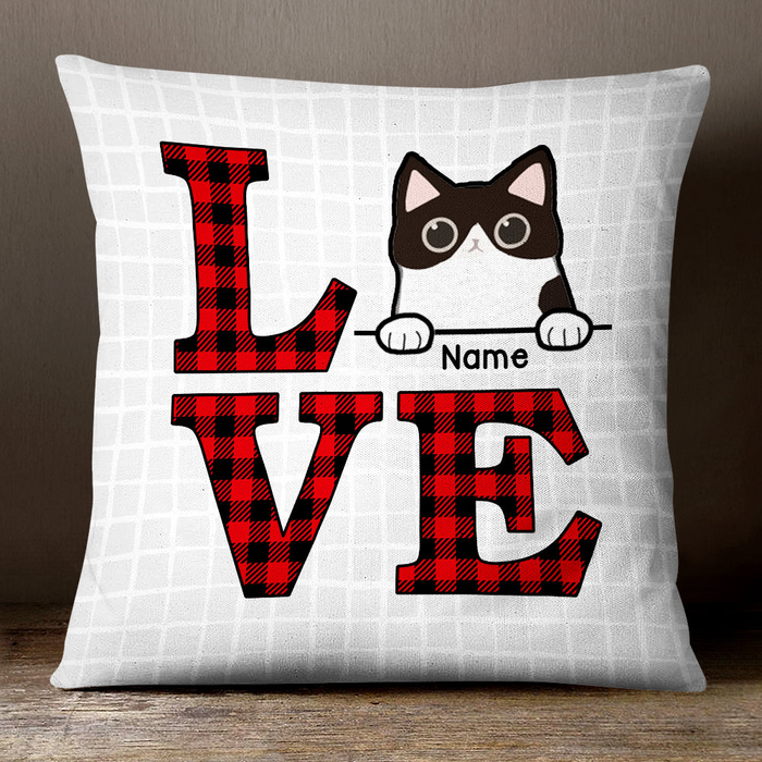 Personalized Square Pillow Gifts For Cat Lovers Red Plaid Design Love Cute Cat Custom Name Sofa Cushion For Christmas