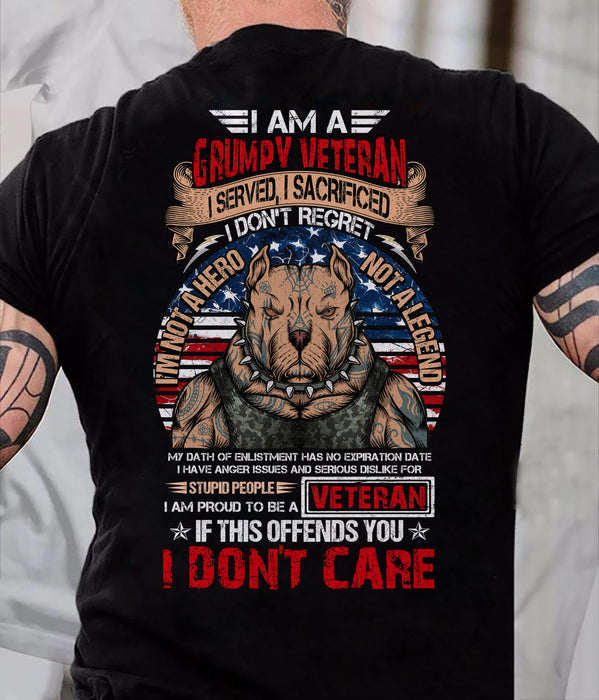 Classic T-Shirt For Men I Am A Grumpy Veteran I Served I Sacrificed Bully Dog & Red Blue White With Stars Printed