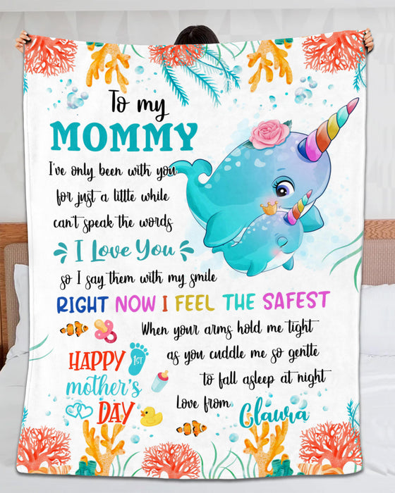 Personalized To My Mommy Blanket From Newborn Son Daughter Happy 1st Mother'S Day Cute Narwhal Printed Custom Name