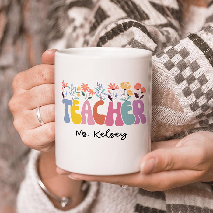 Personalized Ceramic Coffee Mug For Teachers Colorful Design Flower Print Custom Name 11 15oz Back To School Cup