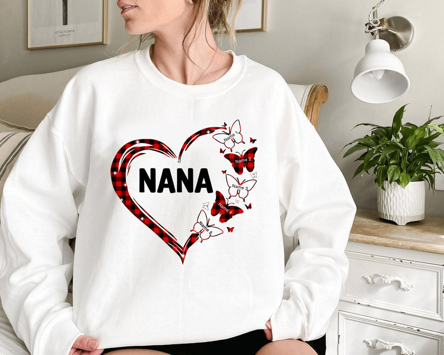 Personalized Sweatshirt For Grandmom From Grandchildren Butterflies Heart Nana Red Plaid Custom Name Gifts For Christmas