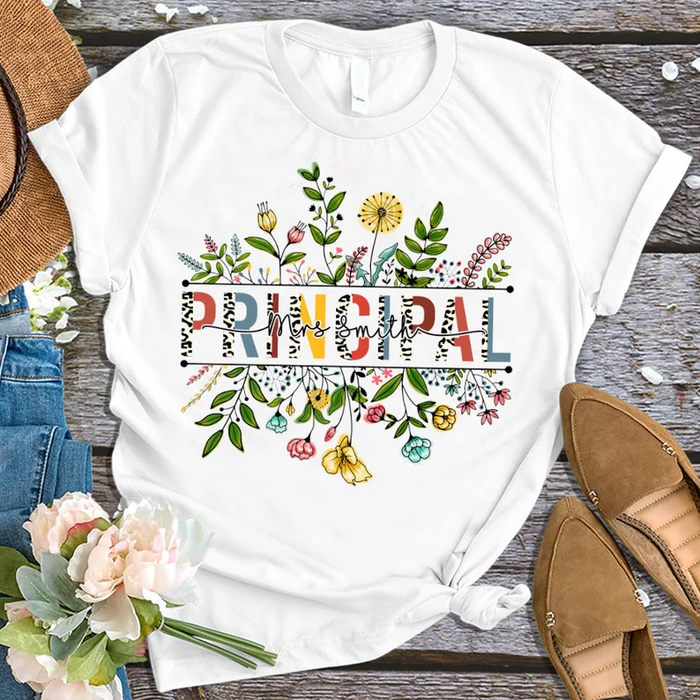 Personalized Unisex T-Shirt For Principle Colorful Flowers & Leopard Design Custom Name Back To School Outfit