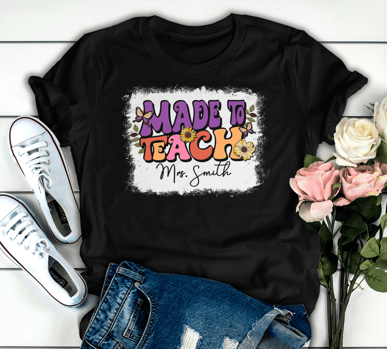 Personalized T-Shirt For Teacher Colorful Design Sunflower & Butterfly Print Custom Name Back To School Outfit