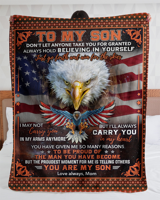 Personalized Premium Fleece Blanket To My Son From Mom US Flag Eagle Design Print Customized Name Throw Blanket