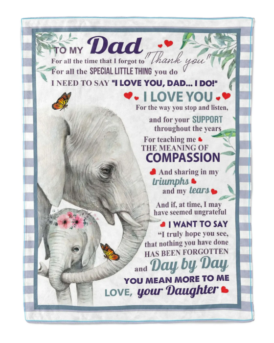 Personalized White Fleece Blanket To My Dad On Fathers Day Funny Elephants Hugged Blanket Custom Name