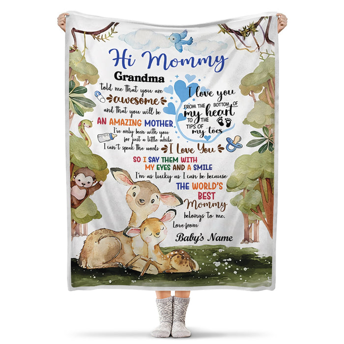 Personalized Blanket Hi Mommy Grandma Told Me That You Are Awesome Cute Deer With Monkey & Snake Printed Custom Name