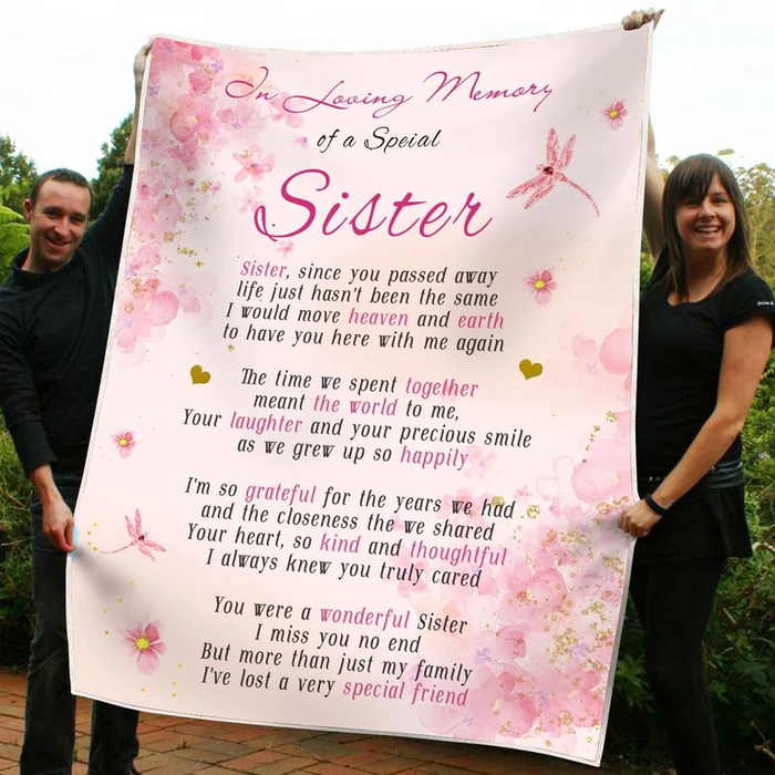 Memorial Blanket For Sister In Loving Memory Of A Special Sister Flower & Dragonfly Printed Fleece Blanket