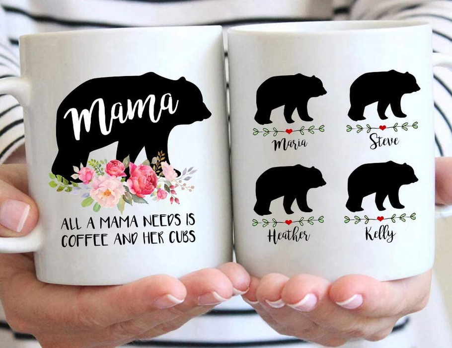 Personalized Ceramic Mug For Mom All Mama Needs Is Bear & Flowers Printed Custom Name 11 15oz White Coffee Cup