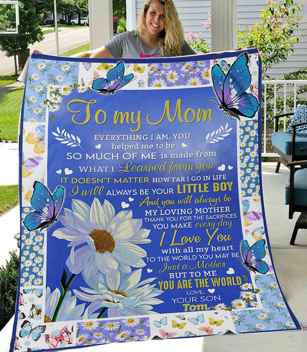 Personalized Lovely Blanket To My Mom Blue Butterfly & Daisy Blanket For Mothers Day Custom Name