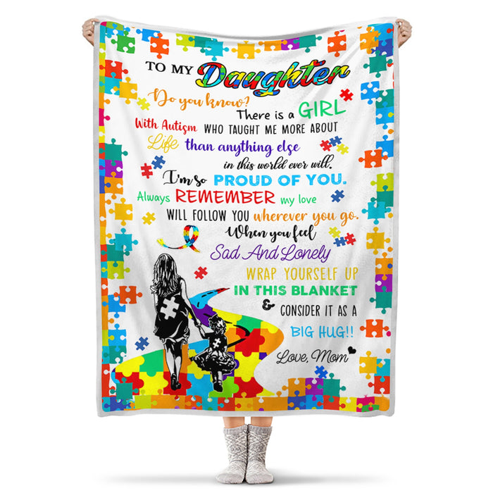 Personalized Fleece Throw Blanket To My Daughter From Mom There Is A Girl With Autism Colorful Puzzle Printed Blanket