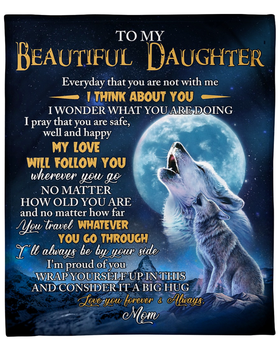 Personalized Premium Blanket To My Beautiful Daughter Full Moon & Snow Wolf Fleece Blanket Custom Name