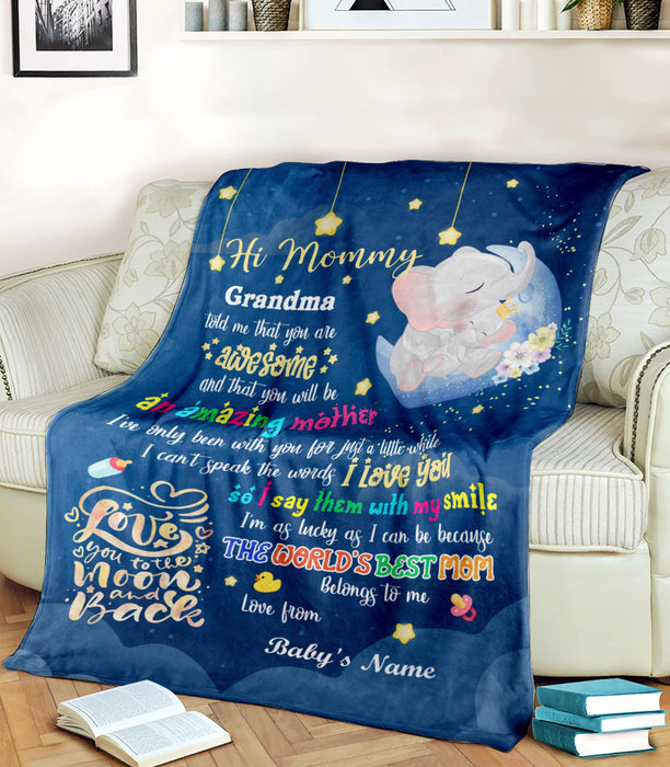 Personalized To My Mommy Blanket From Newborn Baby Love You To The Moon And Back Hugging Elephant Printed Custom Name