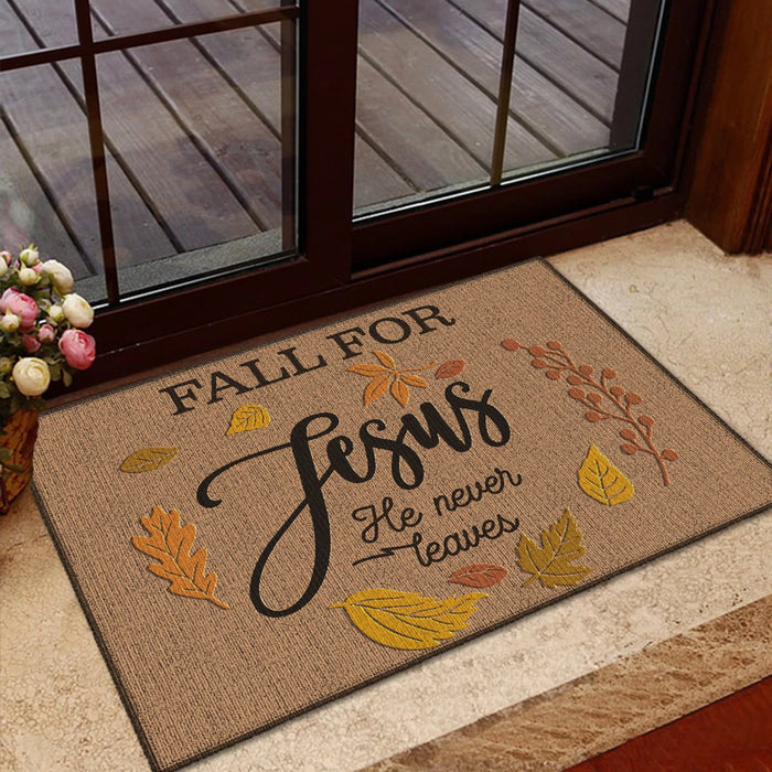 Welcome Doormat For Christian Lovers Fall For Jesus He Never Leaves Maple Leaves Printed Thanksgiving Doormat