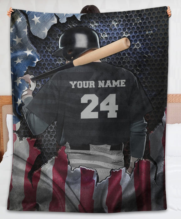 Personalized Blanket For Baseball Lovers Son Dad Men Player With Vintage USA Flag  Custom Name Gifts For Christmas