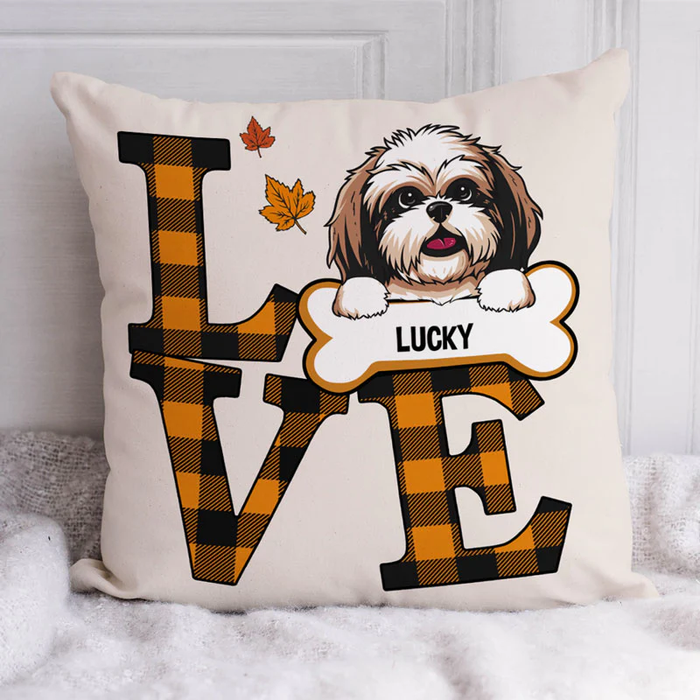 Personalized Square Pillow For Dog Lover Love Autumn Yellow Plaid Custom Name Sofa Cushion Gifts For Thanksgiving