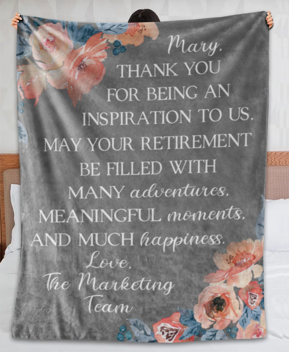Personalized Retirement Blanket Thank You For Being An Inspiration Beautiful Flower Design Custom Name