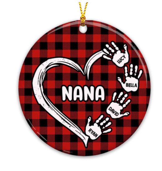 Personalized Ornament For Grandma From Grandchild Nana Buffalo Plaid Handprints Heart Custom Name Gifts For Christmas