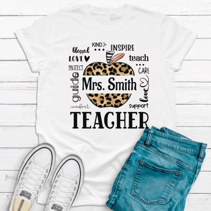 Personalized T-Shirt For Teachers Love Protect Guide Leopard Apple Design Custom Name Back To School Outfit