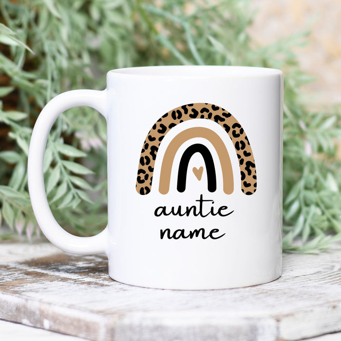 Personalized Coffee Mug For Aunt From Niece Nephew Leopard Rainbow Small Heart Custom Name Gifts For Christmas
