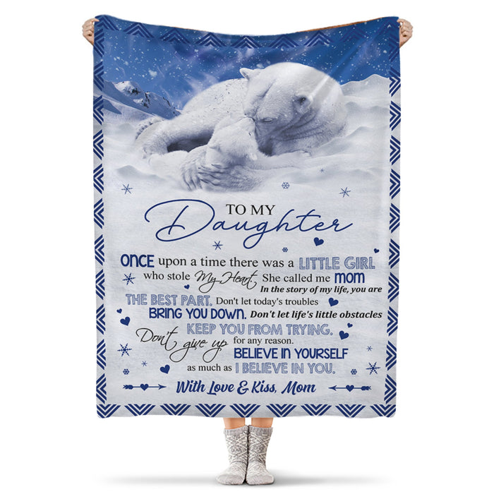 Personalized To My Daughter Fleece Blanket From Mom Believe In Yourself Cute Polar Bear Snow Background Printed Blanket