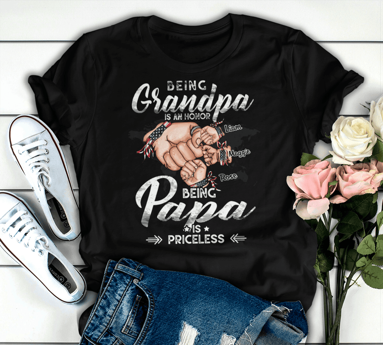 Personalized T-Shirt For Grandpa Fist Bump Print Vintage USA Flag Style Custom Grandkids Name 4th Of July Shirt