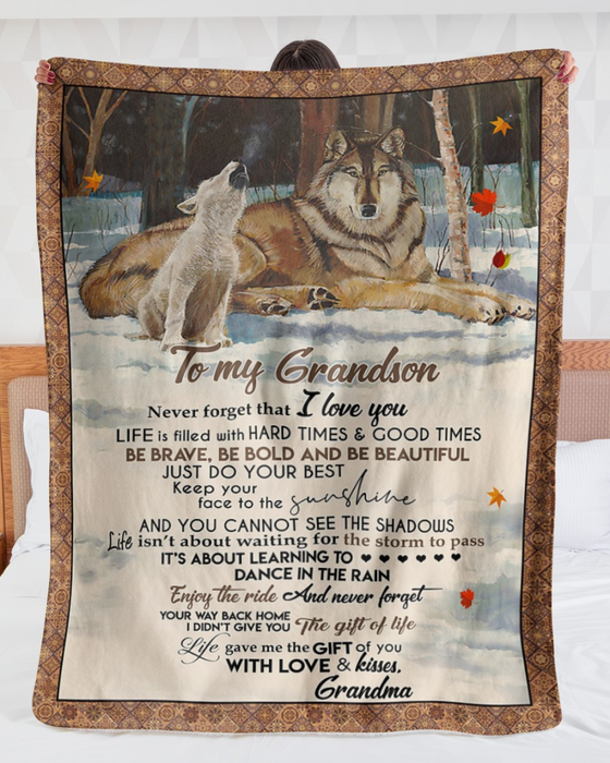 Personalized To My Grandson Blanket From Grandpa Grandma Wolf Be Brave Be Bold Beautiful Custom Name Gifts For Christmas