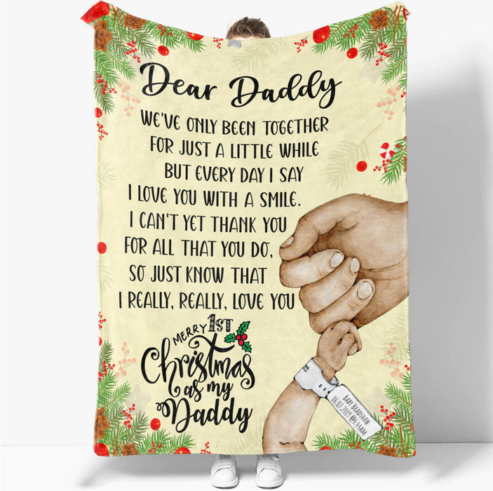 Personalized Blanket For New Dad From Kids I Love You With A Smile Holding Hand Custom Name Gifts For First Christmas