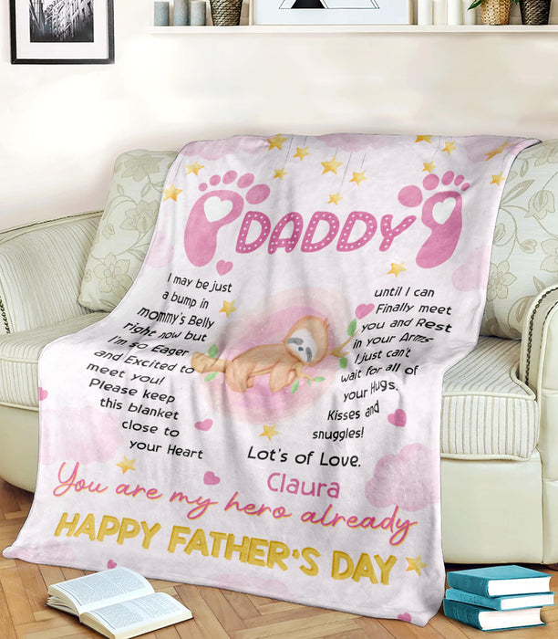 Personalized Fleece Sherpa Blanket From Baby Girl Daddy To Be Cute Sloth I Just Can't Wait For Happy Father's Day