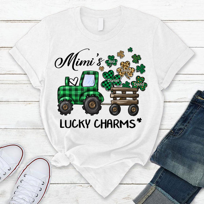 Personalized T-Shirt For Grandma Mimi'S Lucky Charms Shamrock Truck Green Plaid Design Custom Grandkids Name