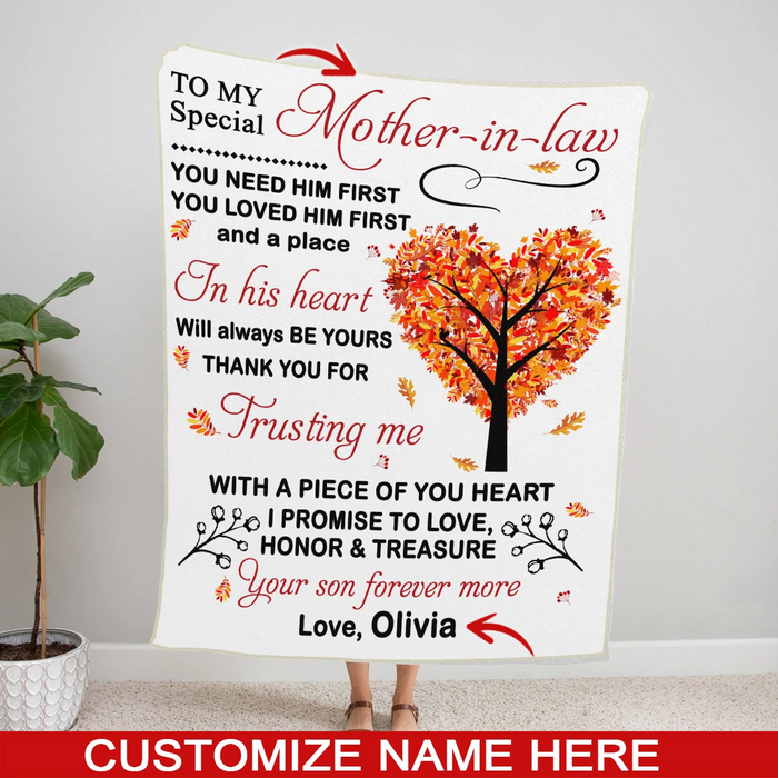 Personalized Fleece Blanket To Mother In Law You Need Him First Autumn Heart Tree Prints Custom Name Blankets