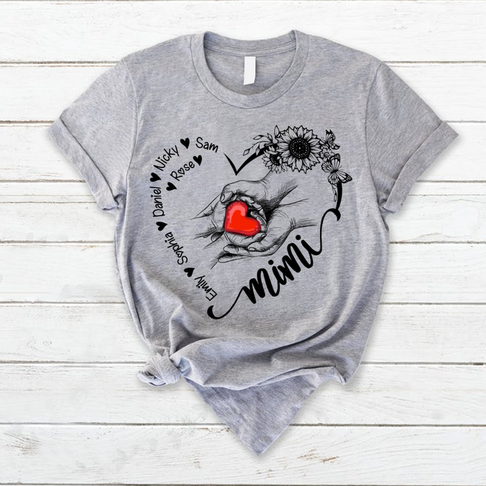 Personalized T-Shirt For Grandma Sunflower & Butterfly Heart Cute Hand In Hand Printed Custom Grandkids Name