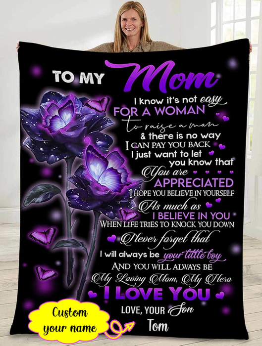 Personalized Blanket To My Mom Purple Butterfly & Rose Fleece Blanket For Mothers Day Custom Name