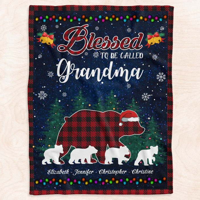 Personalized Christmas Blanket Blessed To Be Called Grandma Cute Bear With Santa Hat Printed Custom Grandkids Name