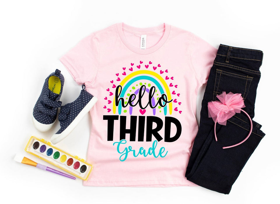 Personalized T-Shirt For Kids Hello Third Grade With Heart Rainbow Printed Custom Grade Level Back To School Outfit