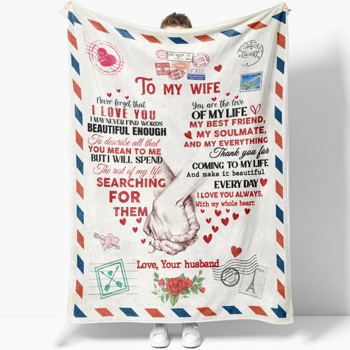 Personalized Blanket To My Wife From Husband My Soulmate Hand In Hand Couple Printed Airmail Style Custom Name