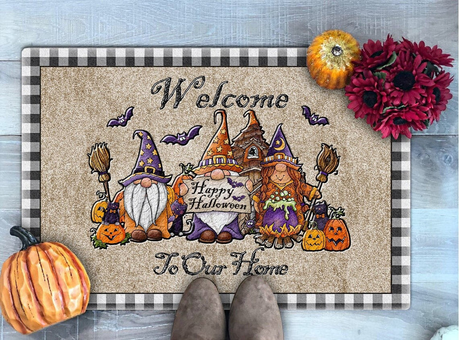 Welcome To Our Home Doormat Cute Gnome Printed With Pumpkin Lantern Broom And Bat Plaid Design Happy Halloween Doormat